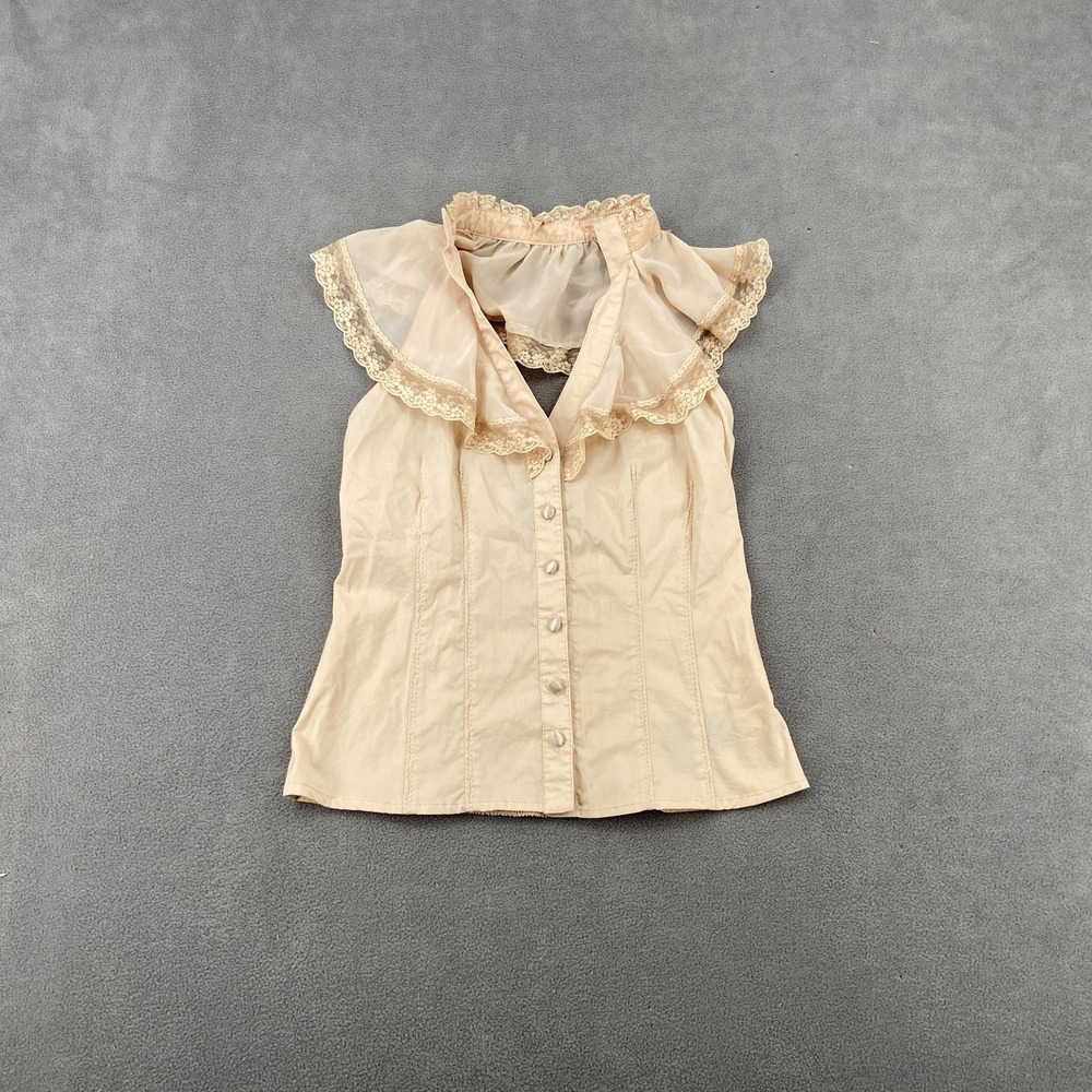 Y2K 2B Bebe Blouse Top Womens XS Beige Keyhole Back Ruffle V Neck Smocked